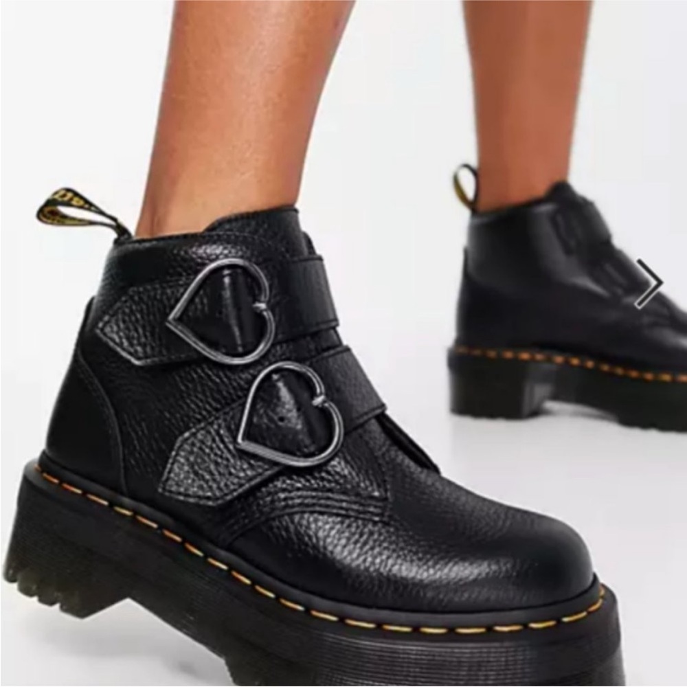 Dr. Martens Devon Black Platform  Boots with Heart Buckles